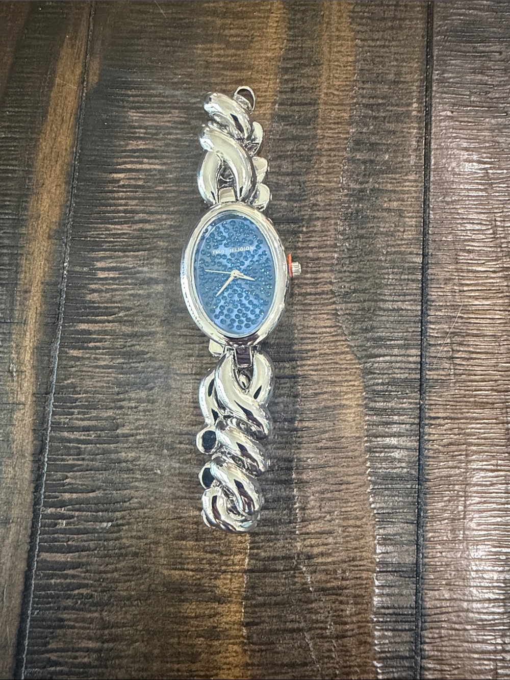 NWOT True Religion Silver Chain-Link Women's Watch with Blue Crystal Face